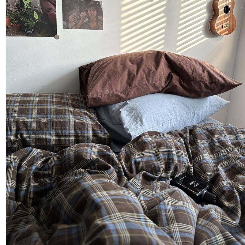 南通家纺查尔斯领结美拉德复古格子全棉四件套纯棉水洗棉床单