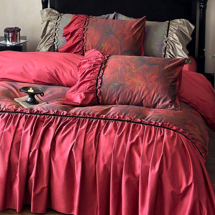 法式纯棉贡缎结婚庆四件套酒红被套长绒棉新婚花边复古风全棉床品
