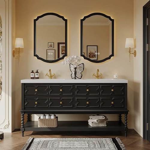 法式复古橡木浴室柜组合落地式岩板热弯一体盆洗漱台洗手池脸盆柜