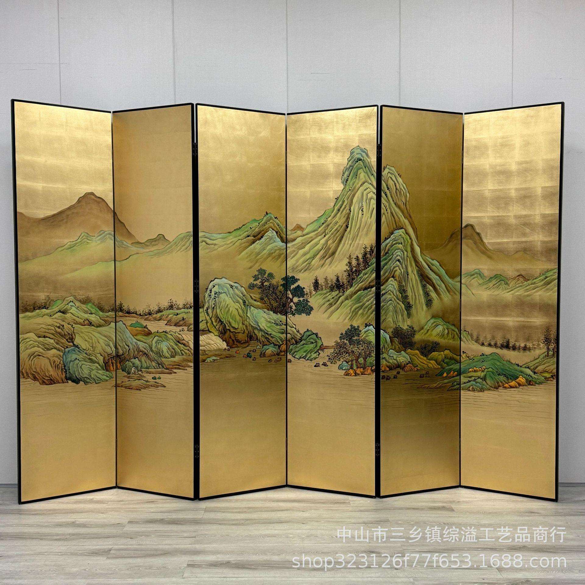 中式金箔屏风千里江山手绘山水图客厅会议室背景隔断移动折叠屏风