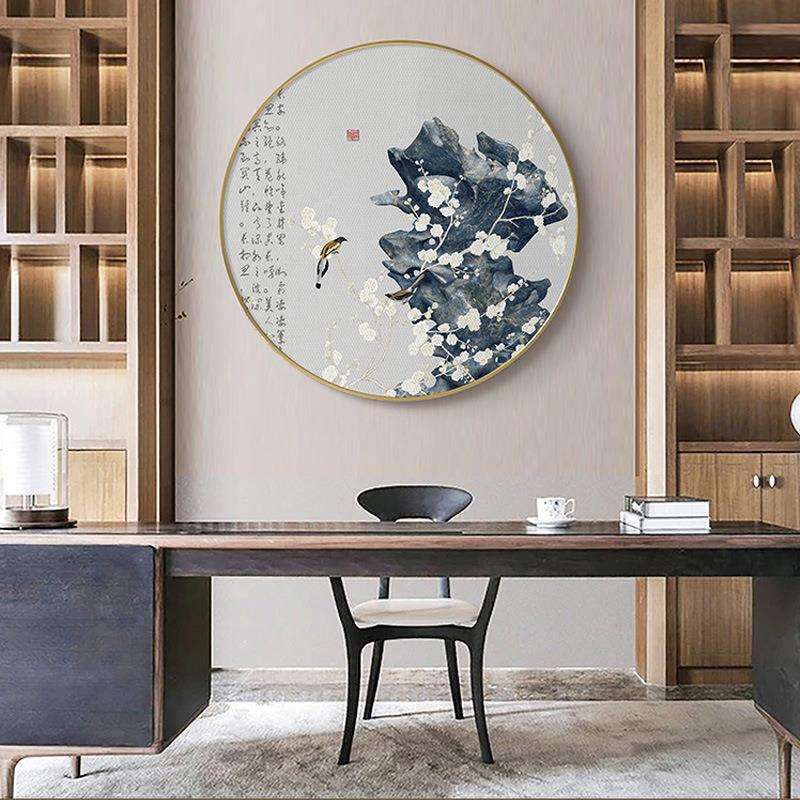新中式圆形装饰画花鸟大气玄关挂画茶室书房壁画餐厅禅意风景墙画