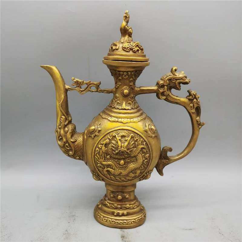 仿古纯铜双龙酒壶茶壶浮雕龙壶客厅家居装饰工艺品桌面摆件