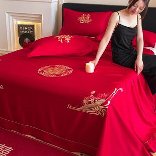 2025新款100支长绒棉纯棉刺绣婚庆床单单件绣花三件套刺绣红色
