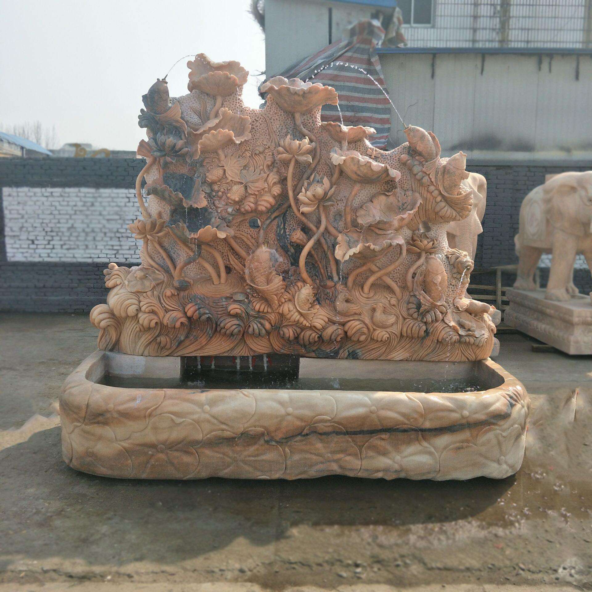 供应现货大理石晚霞红荷花壁泉雕塑 庭院石雕流水喷泉 流水摆件