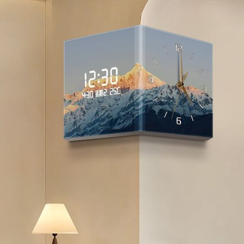 日照金山简约f现代风景客厅转角挂钟家用数显屏双面时钟创意钟表