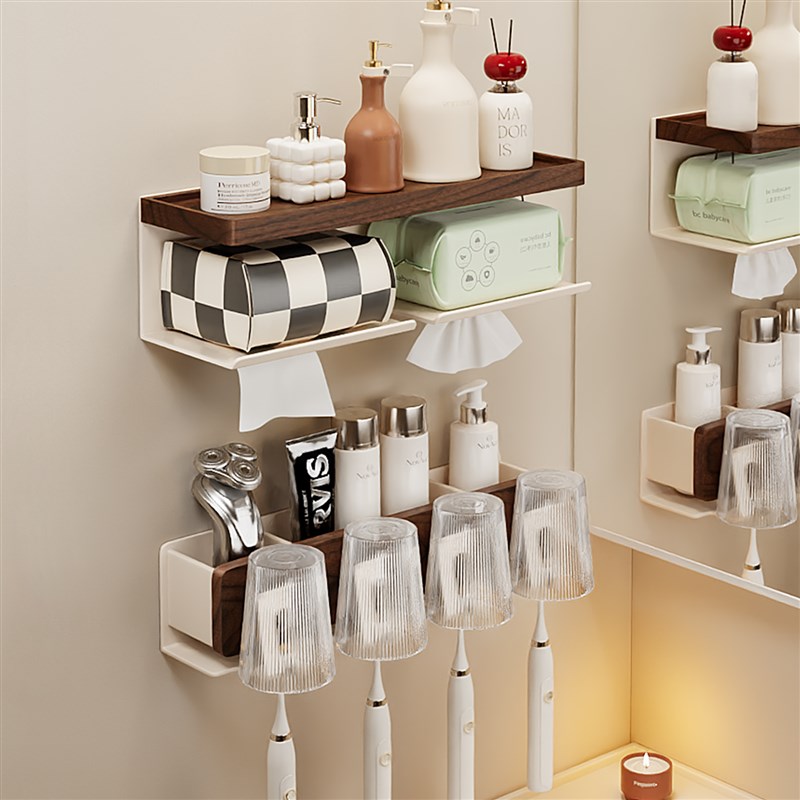 胡桃木化妆室浴室置物架洗漱洗手台实木I免打孔洗脸纸巾牙刷杯架