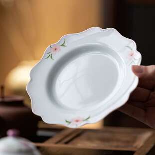 明泉茶斋陶瓷手绘桃花壶承盖碗底托家用果盘小型茶台茶承养壶盘