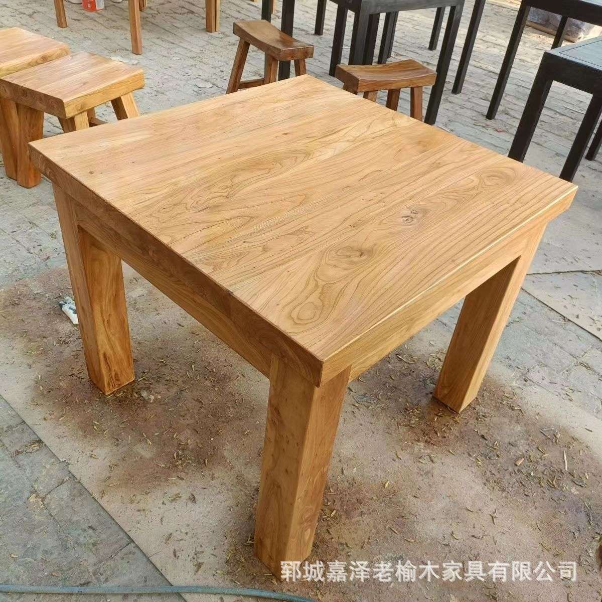老榆木八仙桌方桌餐桌茶桌长条椅子实木桌复古风化禅意茶桌长条凳