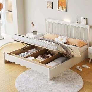 北欧白色全实木床现代简约奶油风1米5单双人床主卧小户型储物婚床