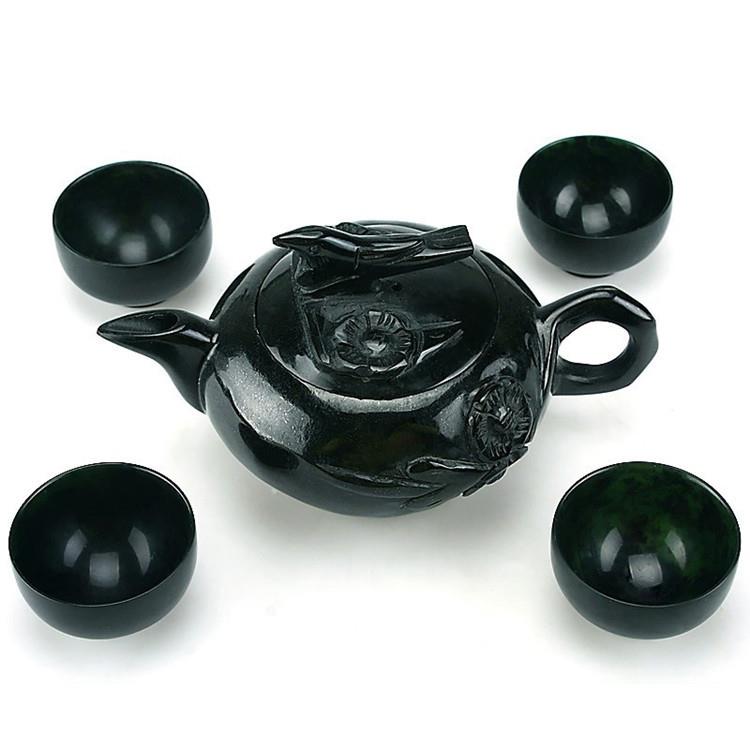 蓝田墨玉黑绿玉喜上眉梢茶壶 橄榄石祁连玉墨玉茶具