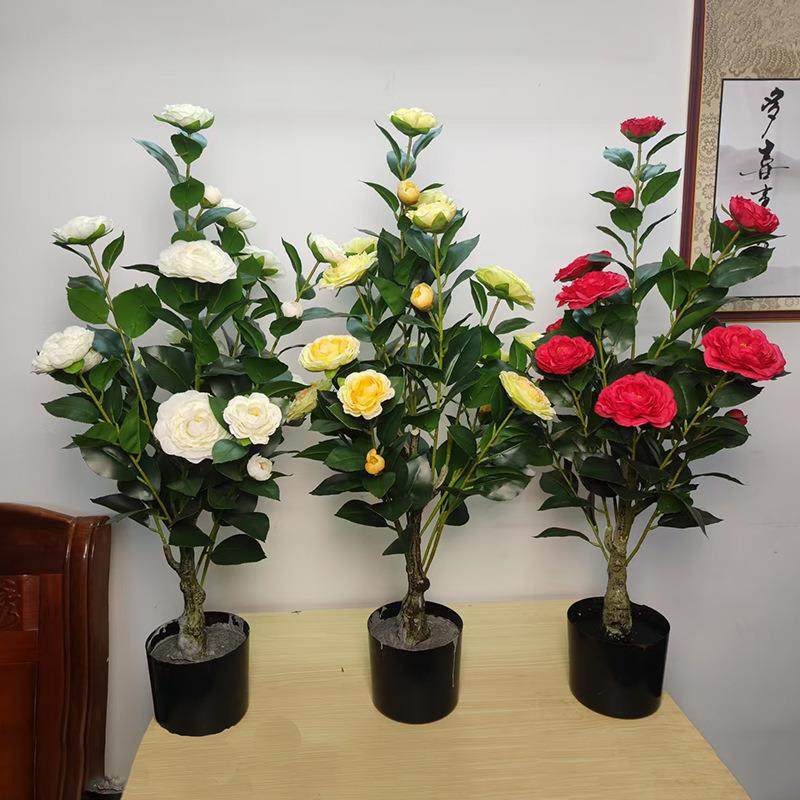 仿真茶花树山茶花人造绿植盆栽家居装饰落地 摆件室内轻奢仿真花