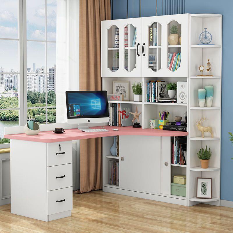 实木书桌书架一体简约家用学生学习写字桌书柜组合转角电脑台式桌