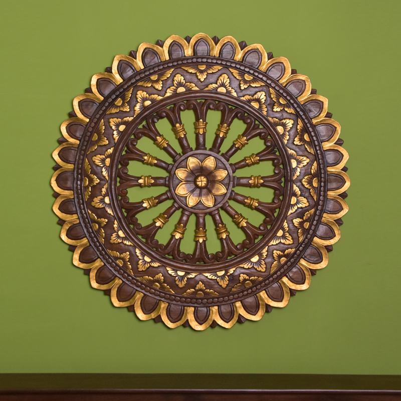 雕花板花形镂空j圆形木雕墙饰装修壁挂居家东南亚实木雕客厅装饰