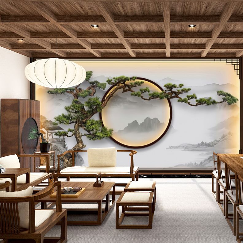 5新中式壁纸浮雕厢包墙布立体山水客厅电视背景墙迎客松壁画饭店d