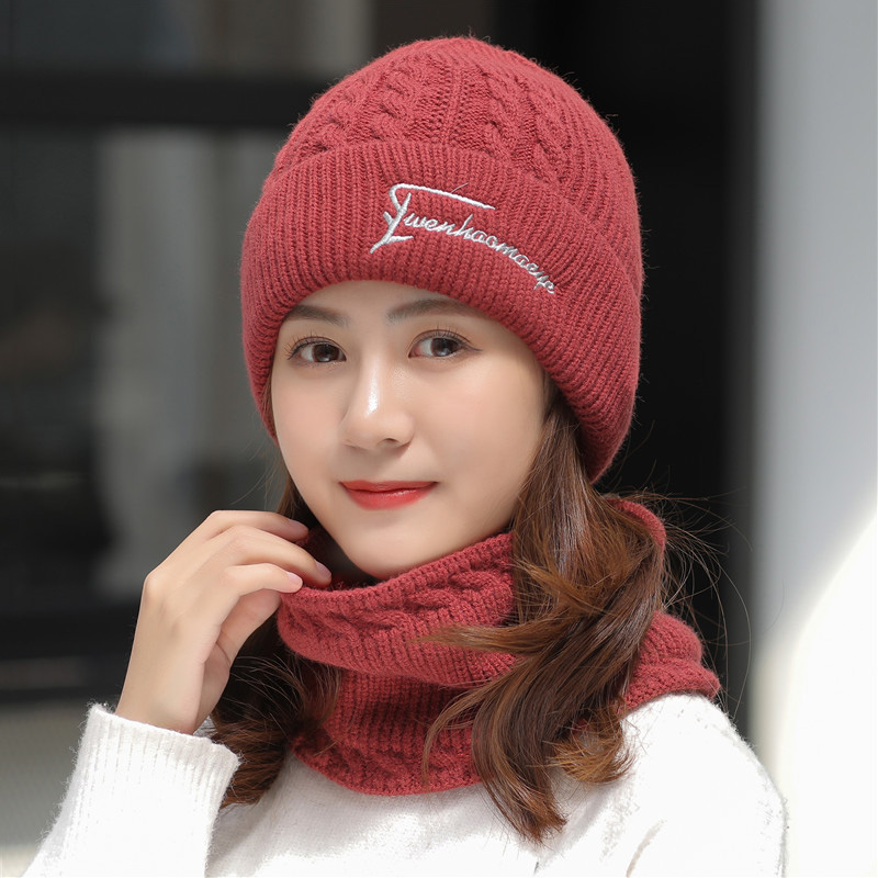 2021新款加绒j帽子围巾二件套男女冬季加厚毛线帽保暖护耳百搭套