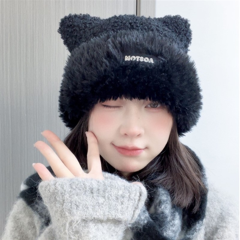 可爱毛茸茸毛线帽子女秋冬v加绒保暖套头帽护耳百搭显脸小针织帽