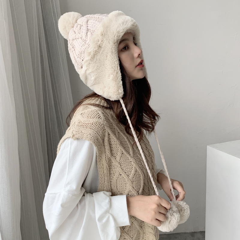 帽子女冬天毛线帽针织加绒保暖y雷锋帽冬季护耳球球帽秋冬东北遮