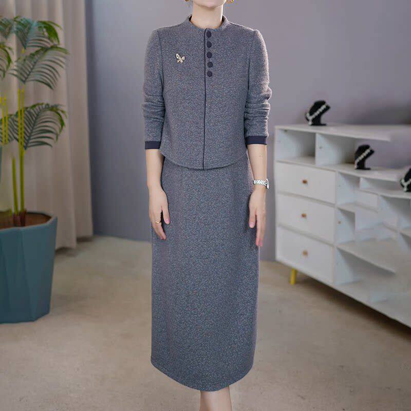 秋冬新款加厚立体剪裁通勤2026妈妈装高弹力显瘦遮肚假两件连衣裙