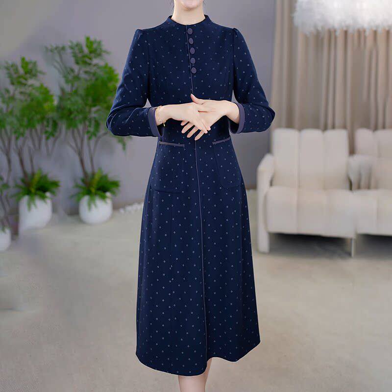 时尚优雅蓝色连衣裙女2026秋季新款女士显瘦气质减龄高级感中长裙