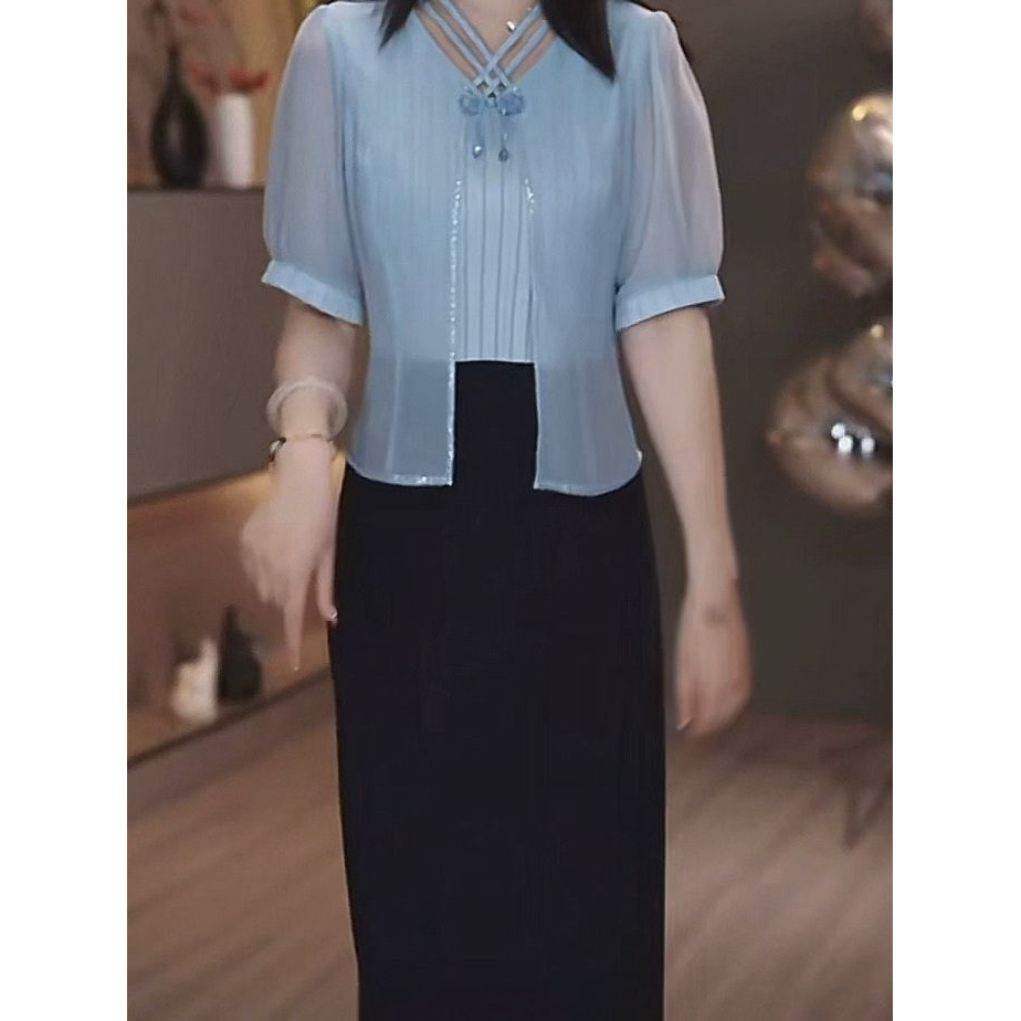 高档冰丝缎假两件连衣裙2026汉服套装