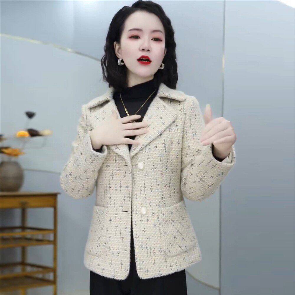 西装领长袖修身显瘦开衫上衣女2026秋季新款妈妈装小香风短款外套