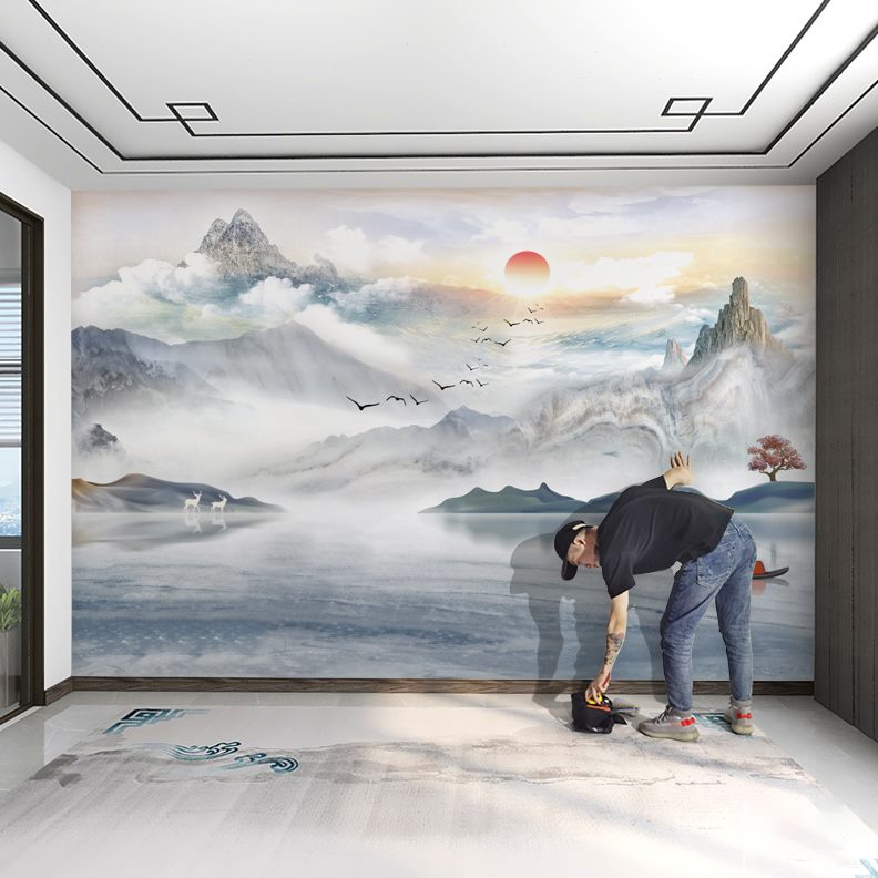 写意影视壁纸d客厅电视背景墙茶室3d沙发壁画新中式8无缝墙布山水