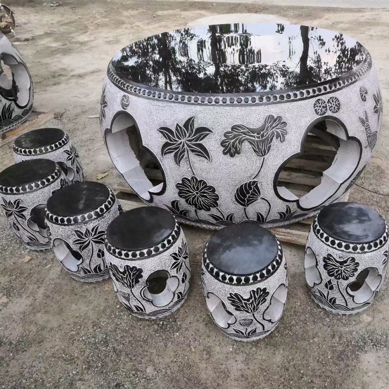 石桌石凳石雕圆桌子家用青石石头庭院桌子花园中式茶W几户外桌椅