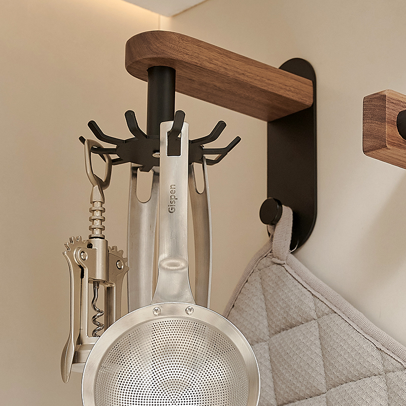cmeo厨房挂钩旋转多功能勺子锅铲收纳架J黑胡桃木置物架免打孔挂