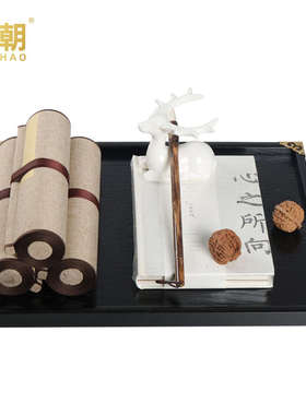 新中式覆b古卷轴书托盘陈设艺术摆件样板房间茶几窗台家居软装饰