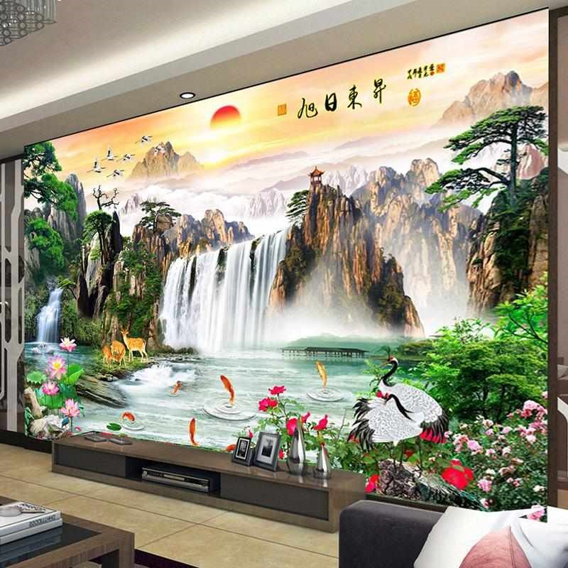 电视背景墙布3d立体中式迎u客松山水风景8d大气办公室装修墙贴自