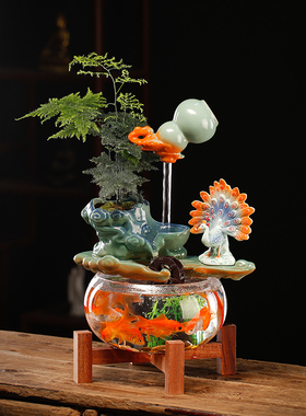 简约现代招财流水小型鱼缸摆件循环水造景家居客厅办Y公室桌面装