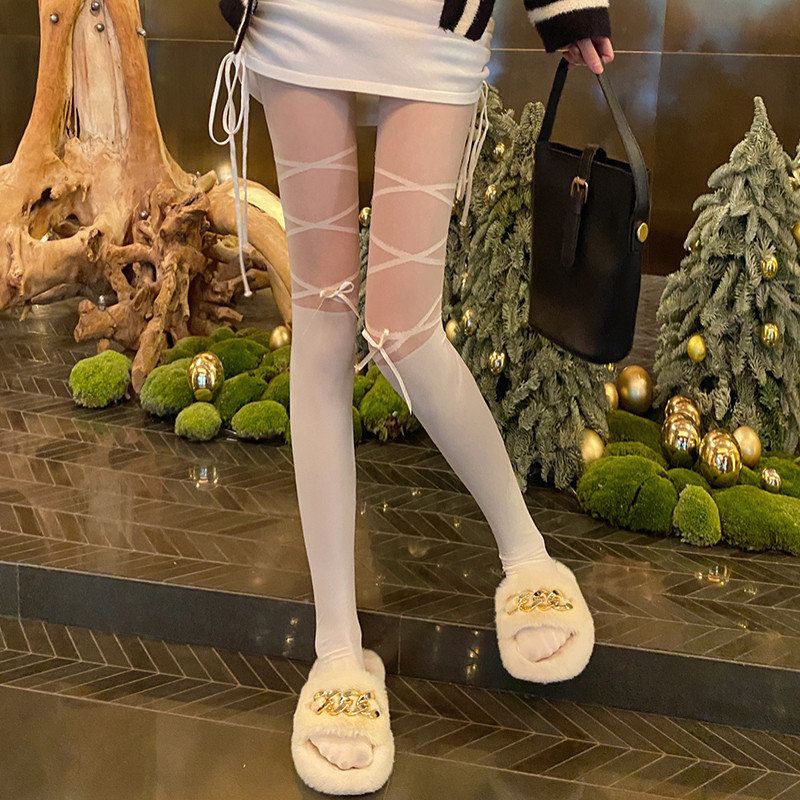 拼接日系假连裤蝴蝶结黑丝袜过膝