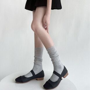袜子女灰色透白色棉袜小腿薄微中筒袜百搭堆堆ins新品 风 系春夏季