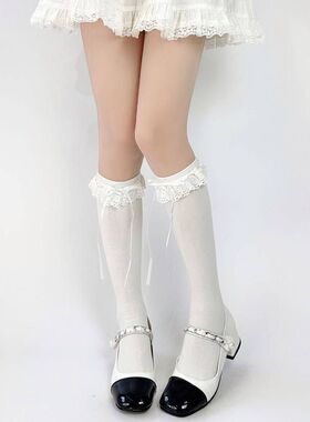 蝴蝶结lolita袜袜甜美白色花边中筒袜蕾丝jk洛丽塔日系系带袜小腿
