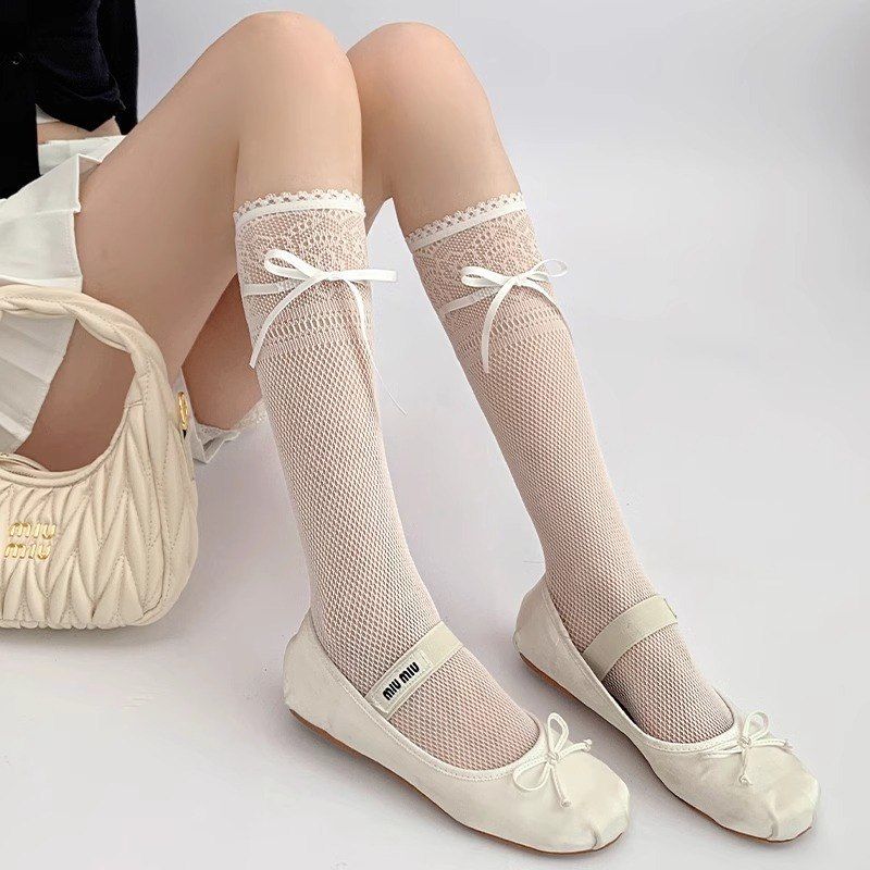 日系春夏季渔网蝴蝶结镂空蕾丝