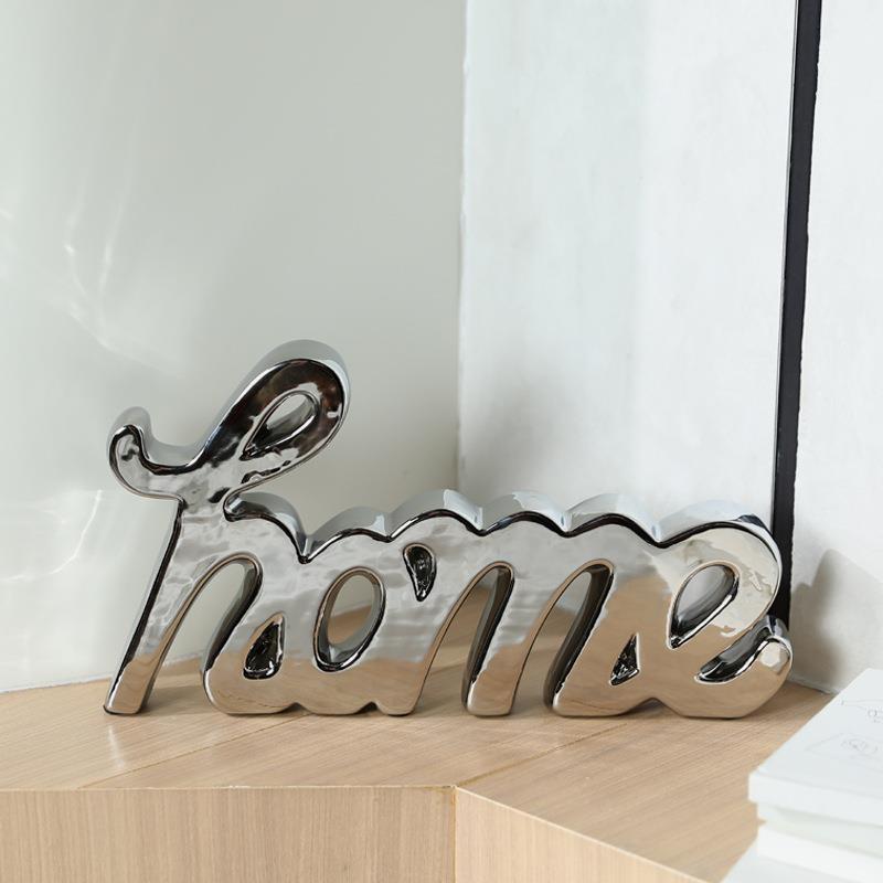 创意HOME字母轻奢银色陶瓷摆件 客厅酒柜电视柜创意玄关软装饰品