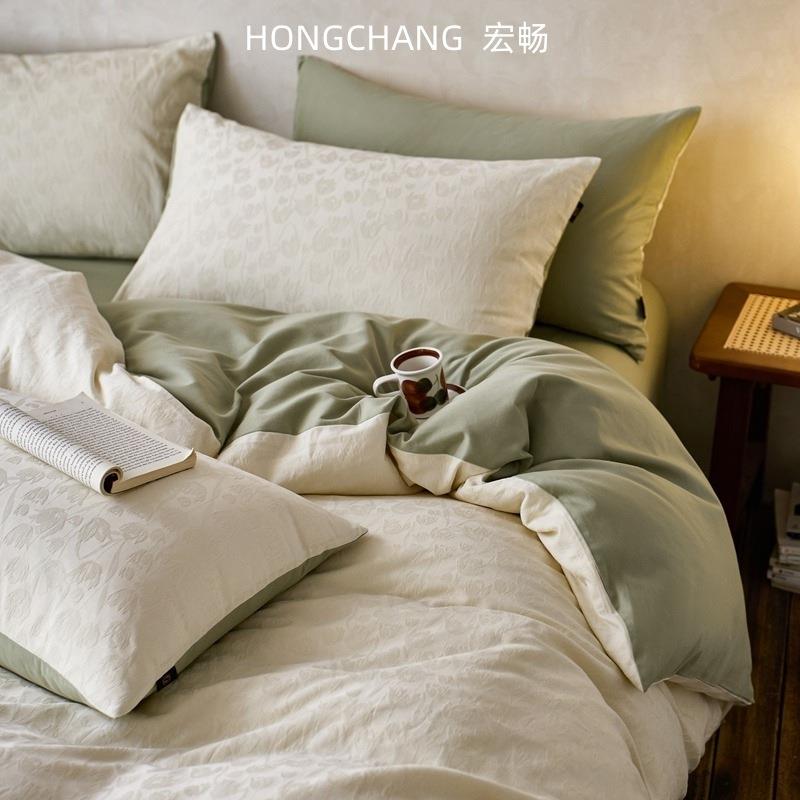 A类60支全棉提花磨毛四件套轻奢色织加厚秋冬纯棉被套床单床笠款