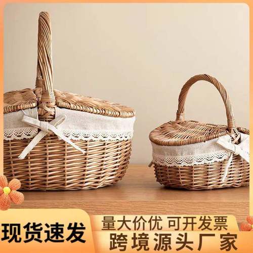 柳编织手提收纳篮户外带盖保温网红野餐篮子藤编水果篮蔬菜购物篮