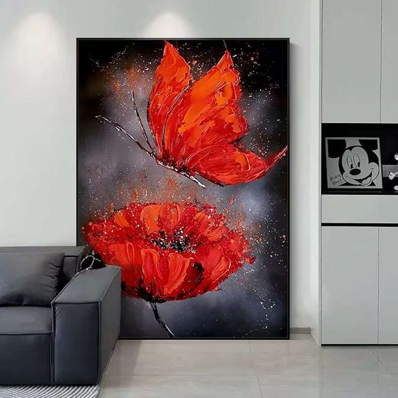 纯手绘油画红色客厅玄关装饰画蝴蝶花卉立体肌理卧室床头红火挂画图片