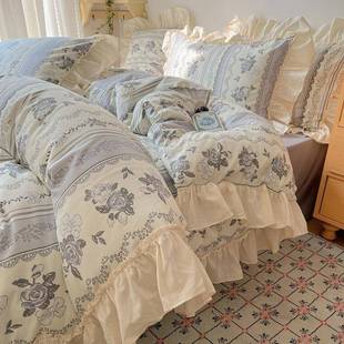 韩系少女碎花纯棉花边款 四件套裸睡100全棉复古博主风被套3件套