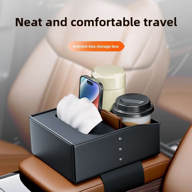 Car Central Armrest Storage Box-Cup Holder Tissue Organizer