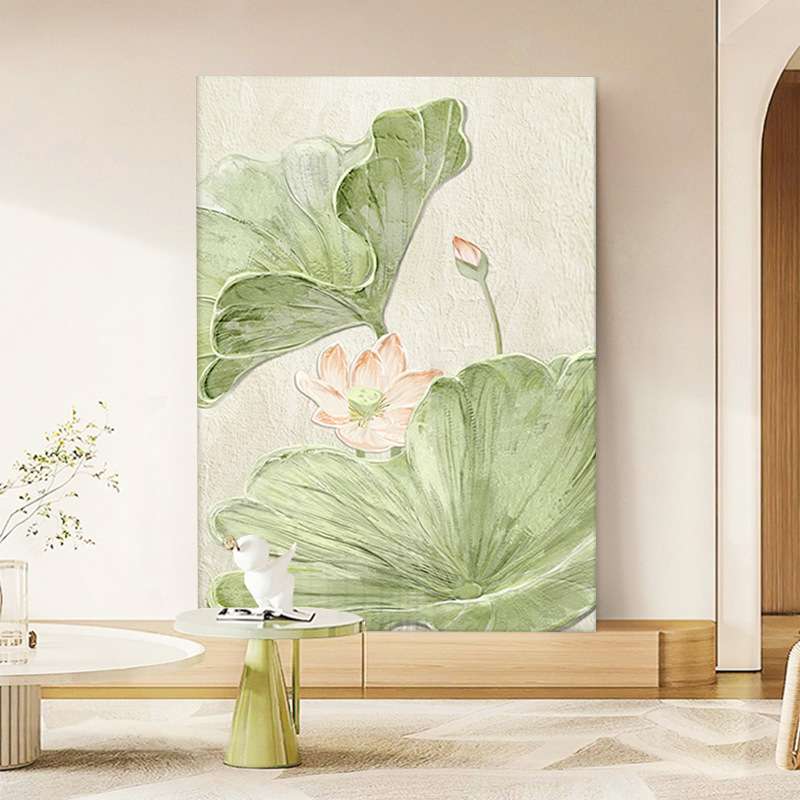 奶油风荷花纯手绘油画入户玄关装饰画客厅抽象荷叶新中式肌理挂画图片