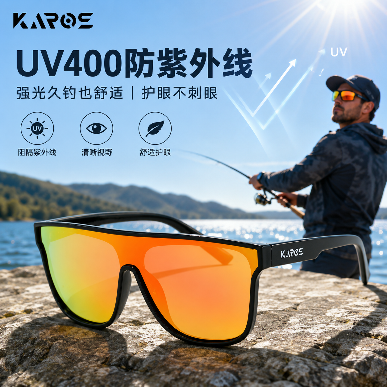 KAROS正品大镜面偏光钓鱼眼镜防眩光强光高清-看漂路亚台钓眼镜