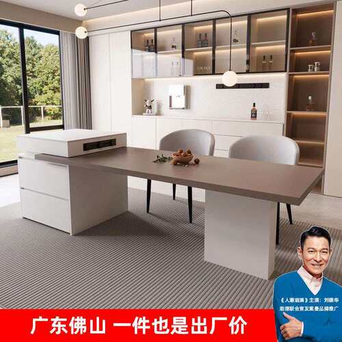 咖色岩板岛台餐桌意式极简可伸缩一体家用大小户型开放式厨房岛台