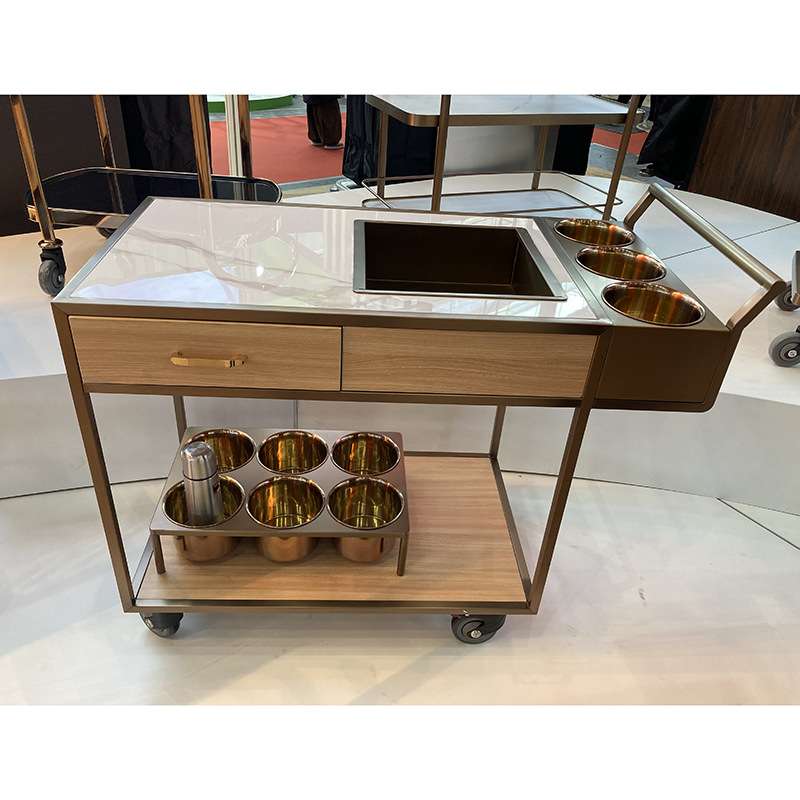 南酒店用品豪华方形玫瑰金框架有冰格双层酒水车手推服务车送酒车