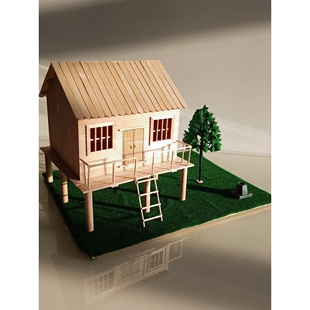 建筑模型雪糕木棒手工作业制作吊脚楼杆干栏式建筑民居河姆渡房屋