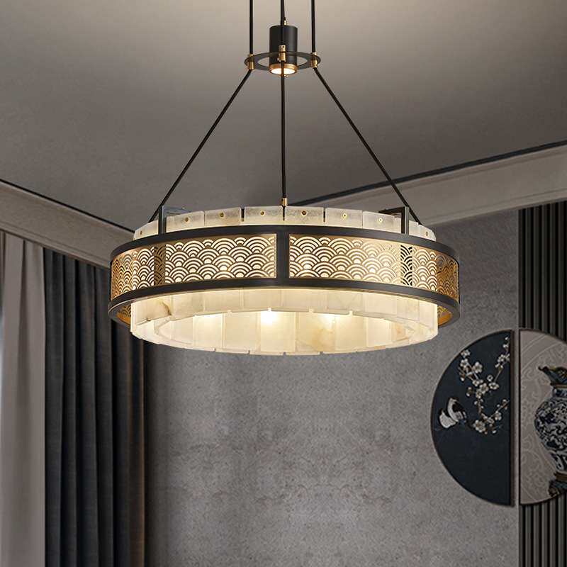 新中式全铜云石吊灯客厅灯别墅复式楼卧室餐厅灯复古大气高档灯具