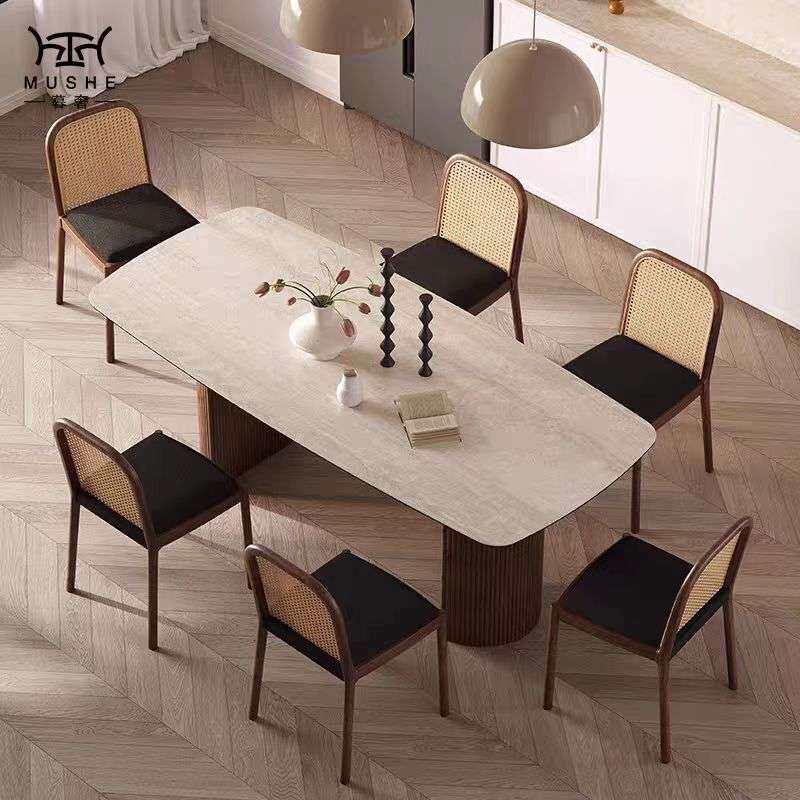 中古风法式复古胡桃色餐桌椅进口洞石椭圆形极简全托复合岩板餐桌