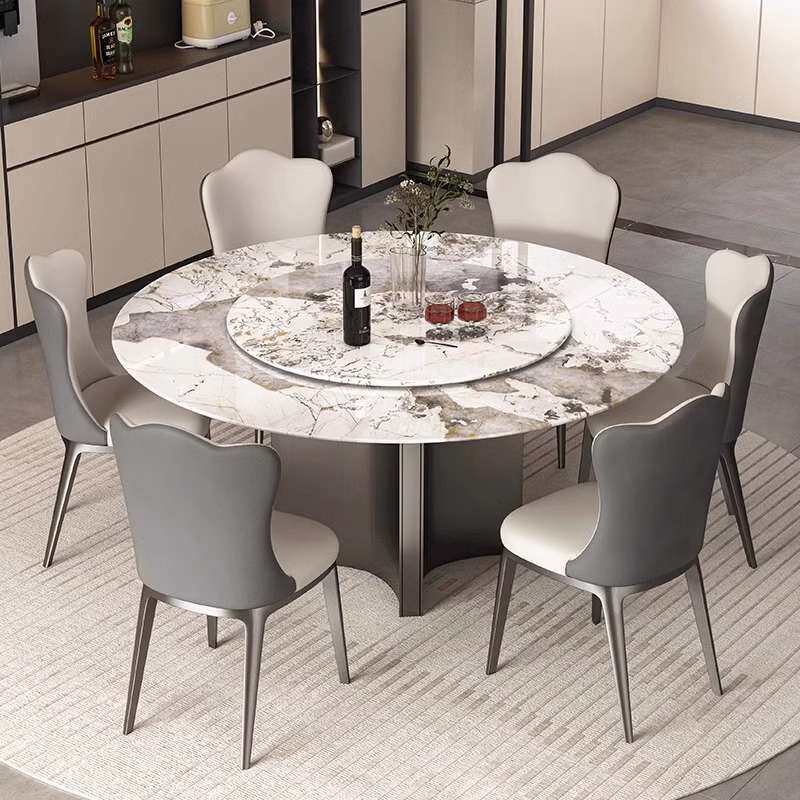 大理石微晶石大户型圆桌别墅高端意式极简旋转餐桌家用奢石饭桌
