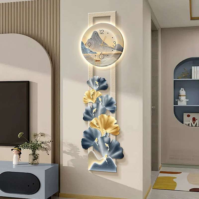 九鱼图挂钟电视墙背景壁画客厅装饰画led发光玄关细长条挂画招财